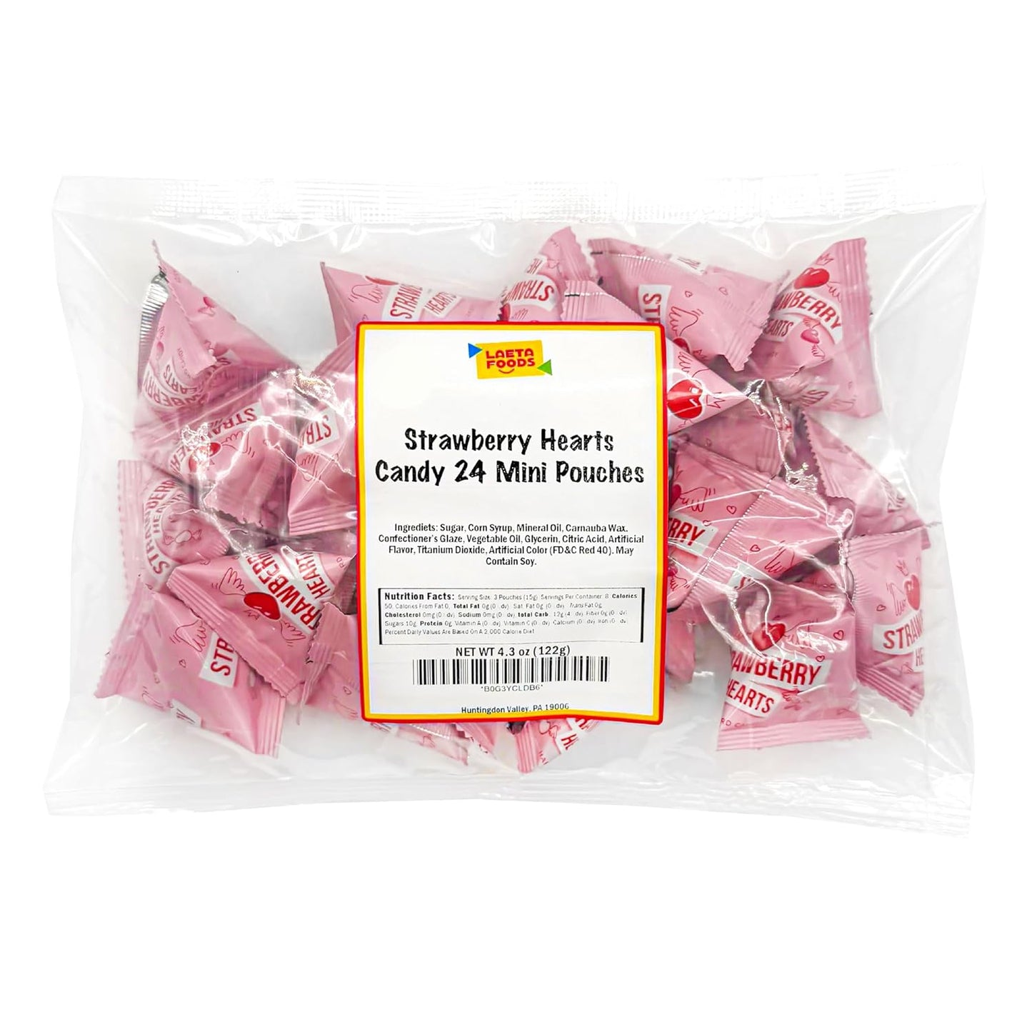 Strawberry Hearts | 24 Mini Packs | Hard Candy Individually Wrapped for Classroom and Party Favors | White, Red and Pink Hearts for Sharing and Gifting