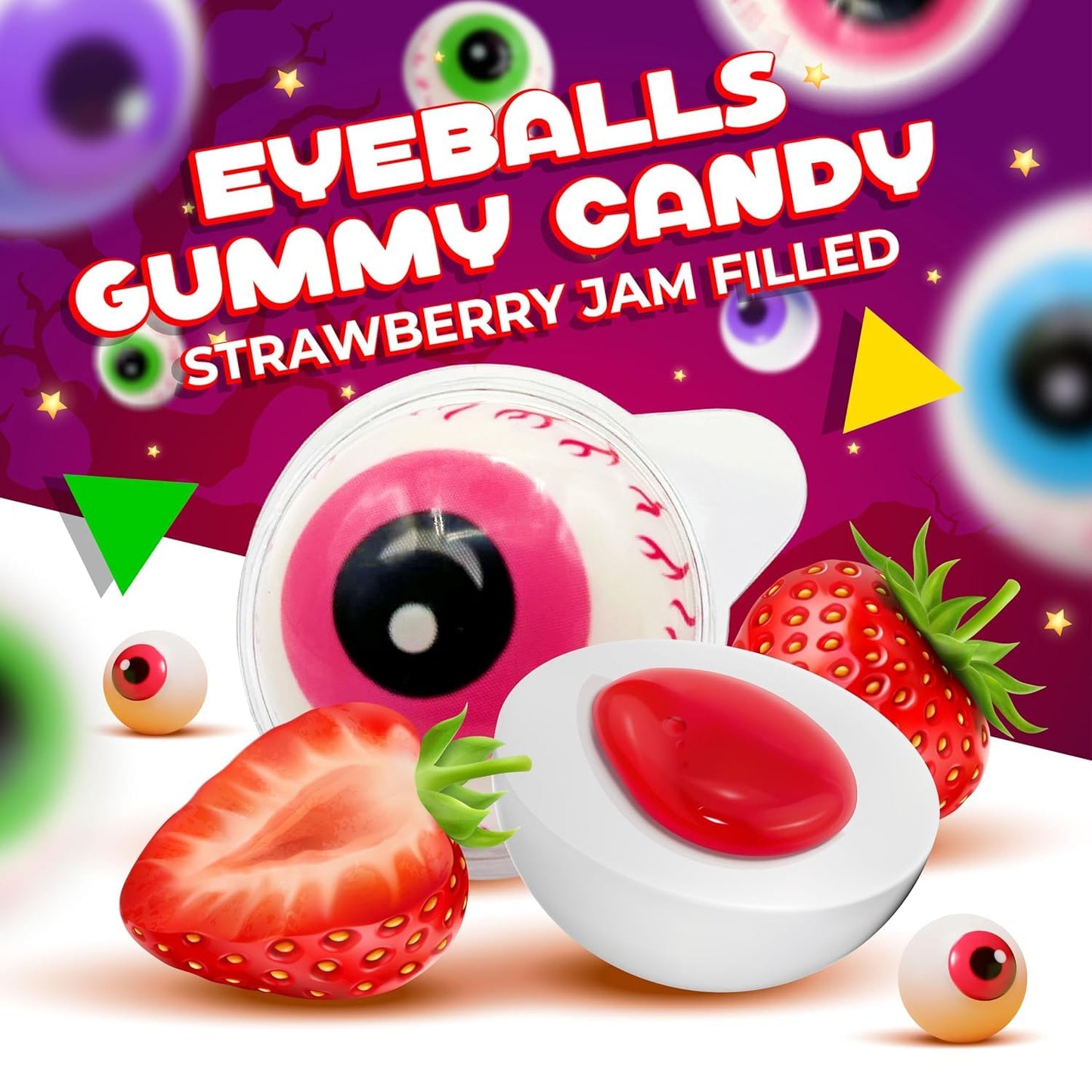 Halloween Candy, Gummy Eyeballs with Strawberry Jelly Center, 60 Count Box