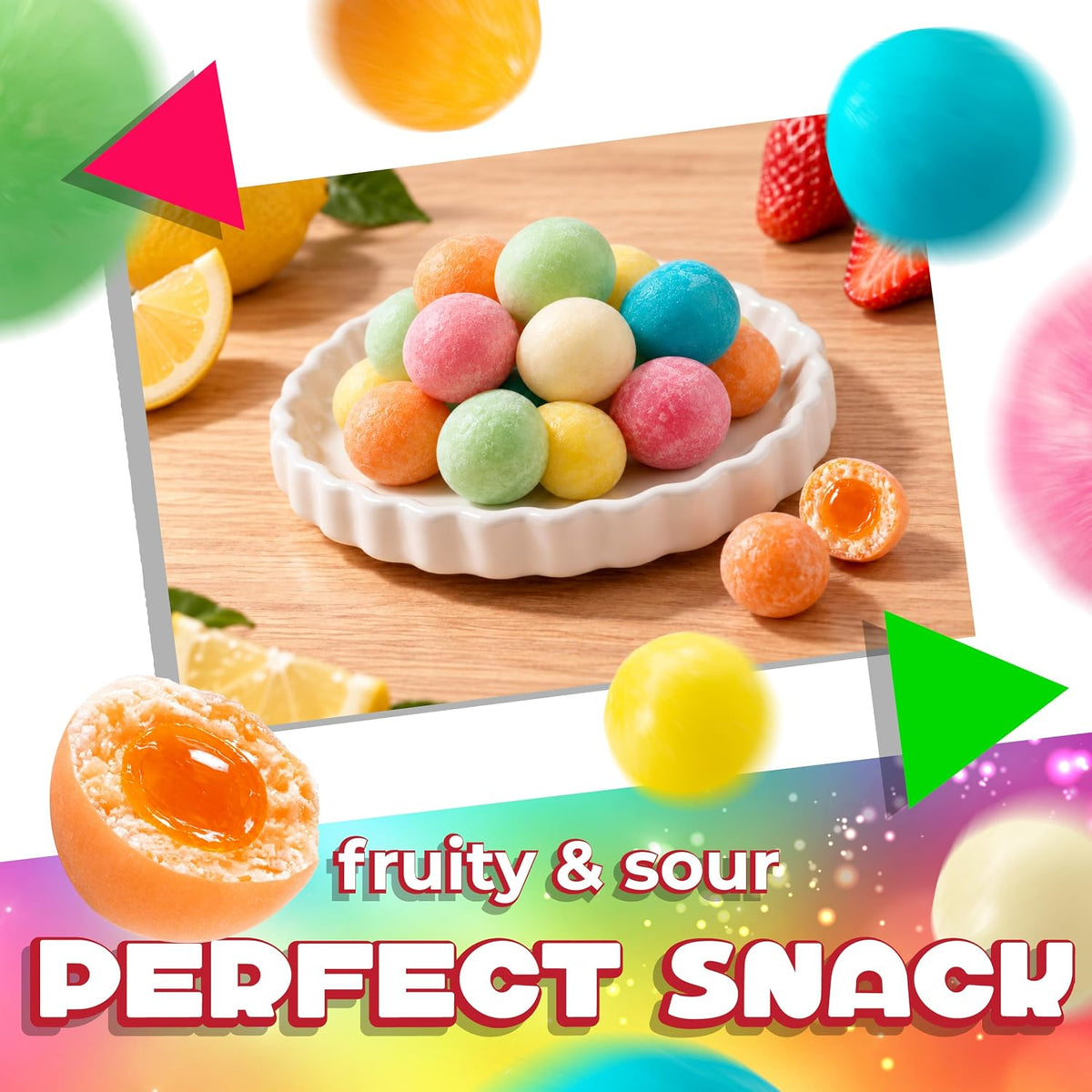 Dextrose Sour Candy Balls with Gummy Filling, Fruit Flavors, 8 Oz Bag