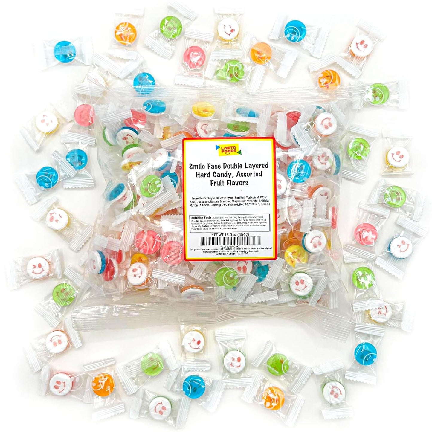 Happy Face Candy | 1 Lb Bag | Hard Candy Individually Wrapped | Assorted Fruit Flavors | Sweet & Sour Candies for Goodie Bags, Party Favors & Office Bowls