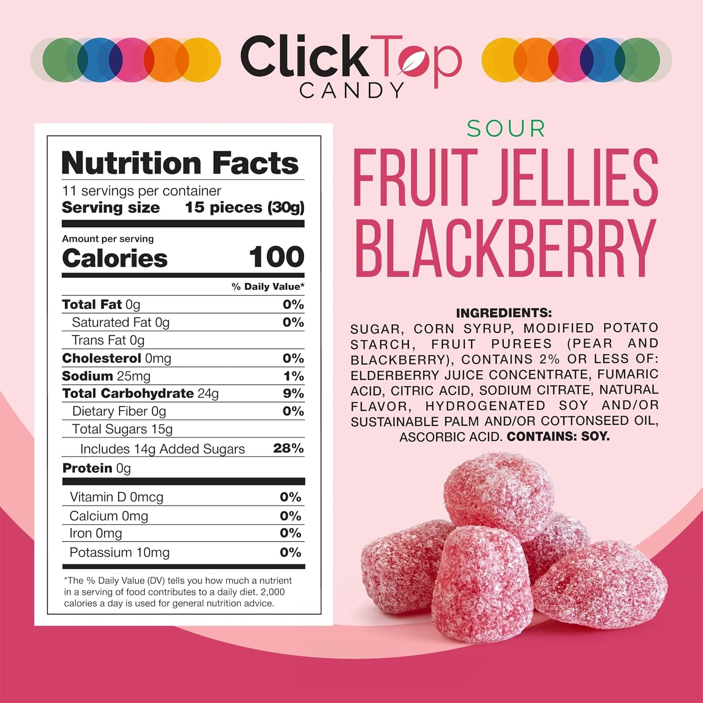 Sour Fruit Jelly Candy, Blackberry Flavored, Dye Free Candy, 12 Oz Jar | Naturally Flavored Vegan Candy, Made with Real Fruit Purees