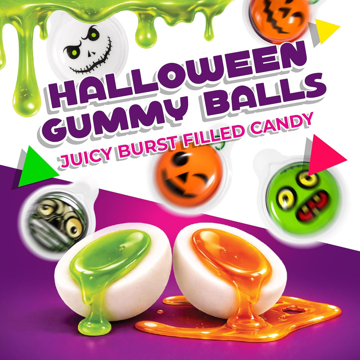 Halloween Candy, Gummy Balls, Trick or Treat Candy, 30 Count Jar | Orange & Green Apple Jelly Filled Gummy Candy, Spooky Treats