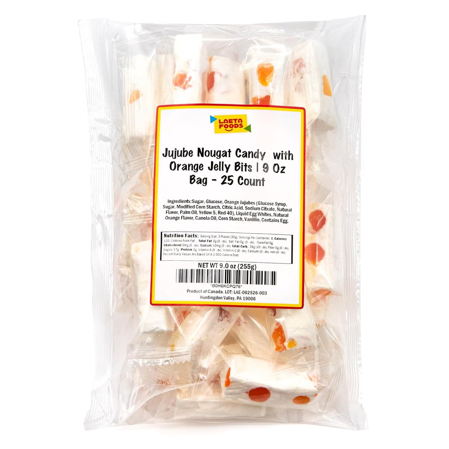 Jujube Nougat Candy, Orange Jelly Bits, Chewy Candy, 9 Oz Bag | Individually Wrapped Candy, 25 Pieces