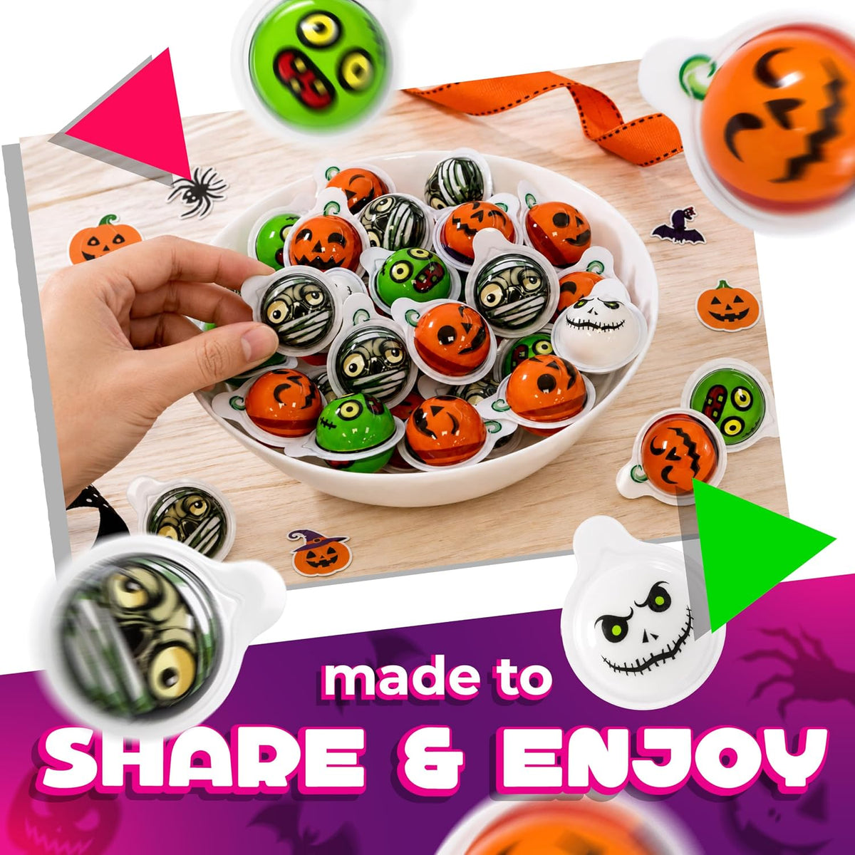 Halloween Candy, Gummy Balls, Trick or Treat Candy, 30 Count Jar | Orange & Green Apple Jelly Filled Gummy Candy, Spooky Treats