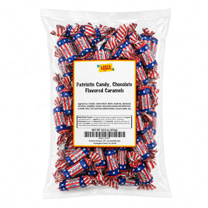 Patriotic Candy | 1 Pound Bag | Chocolate Flavored Caramels | Red White and Blue Candy for 4th of July Celebrations | Individually Wrapped Soft Taffies