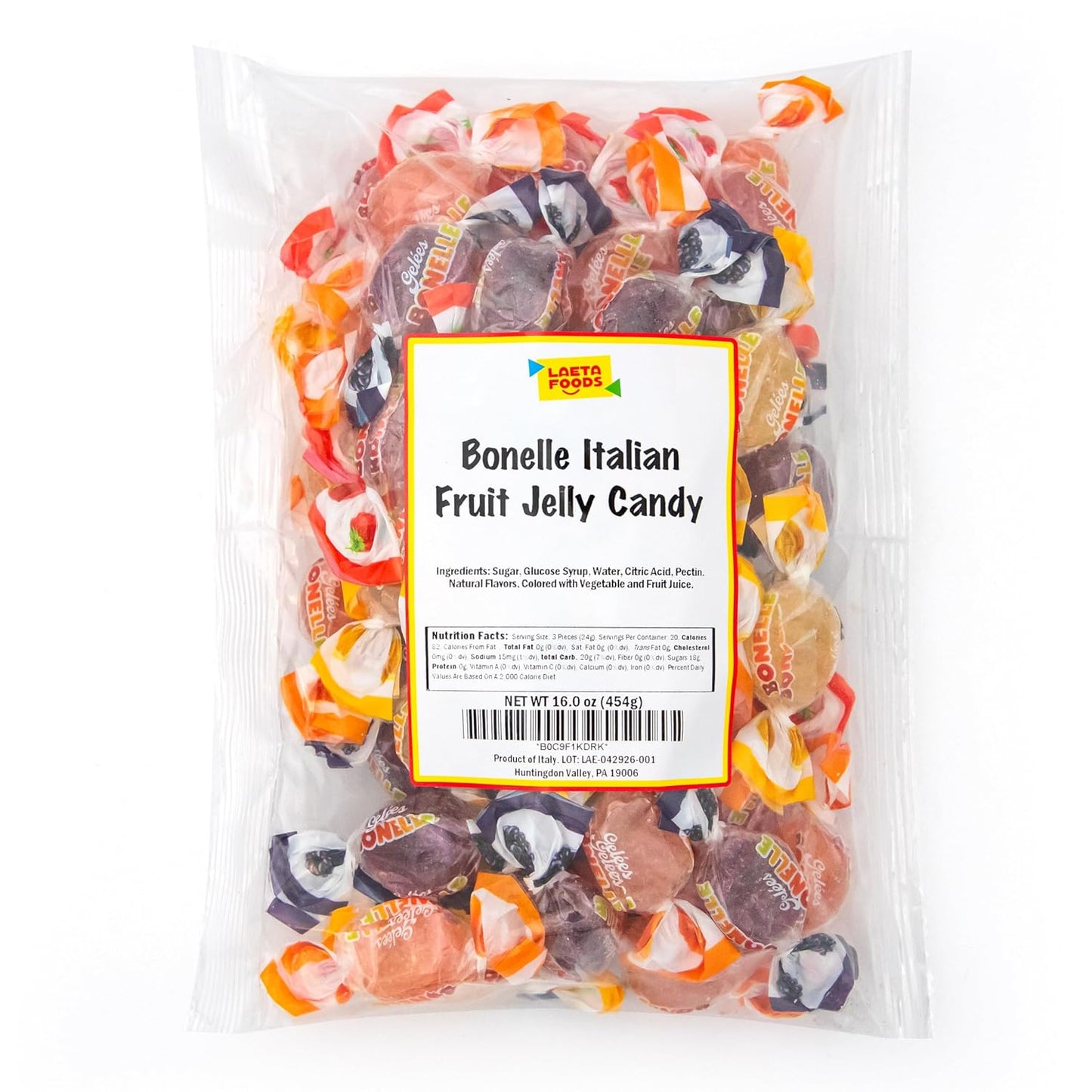 Bonelle Italian Fruit Jelly Candy | 1 Pound Bag | Vegan Dye Free Candy Individually Wrapped | Lemon, Strawberry, Orange, Blackberry | Naturally Flavored