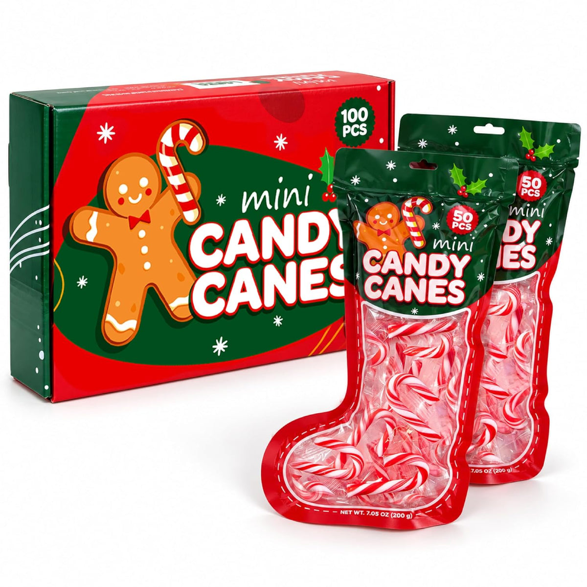 Mini Candy Canes, Christmas Candy, 100 Count, 2 Boot-Shaped Bags
