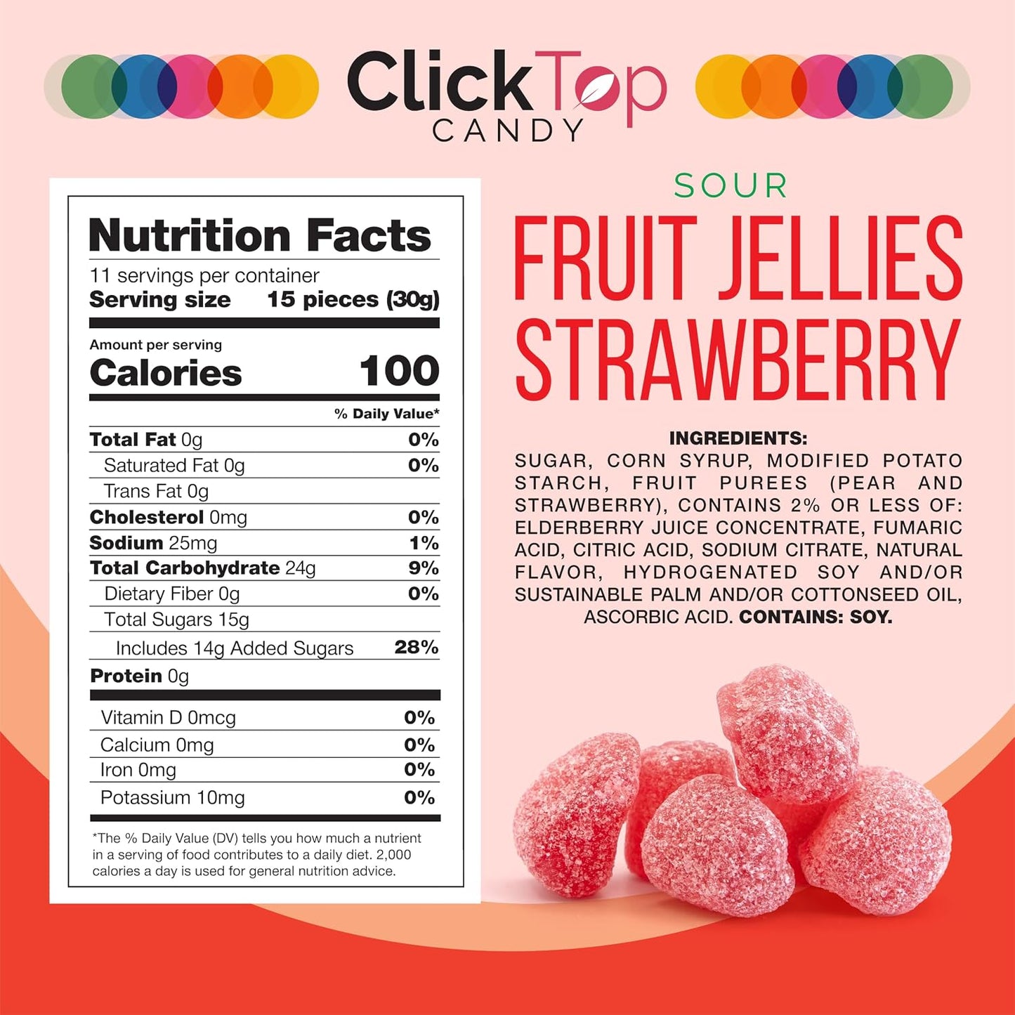 Sour Fruit Jelly Candy, Strawberry Flavored, Dye Free Candy, 12 Oz Jar | Naturally Flavored Vegan Candy, Made with Real Fruit Purees