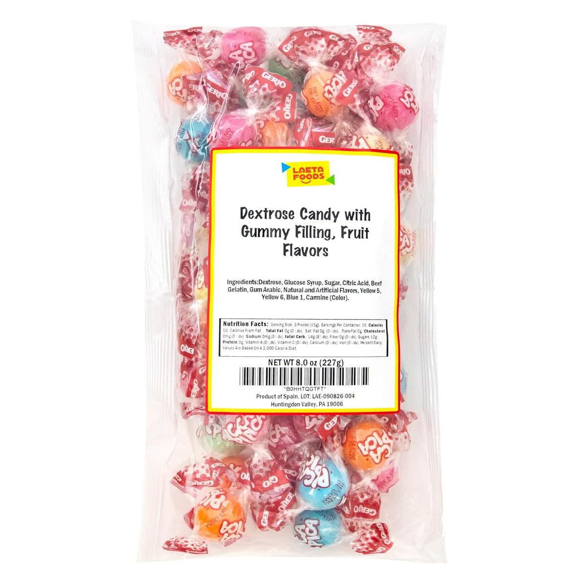 Dextrose Sour Candy Balls with Gummy Filling, Fruit Flavors, 8 Oz Bag