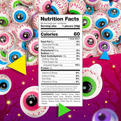 Halloween Candy, Gummy Eyeballs with Strawberry Jelly Center, 60 Count Box