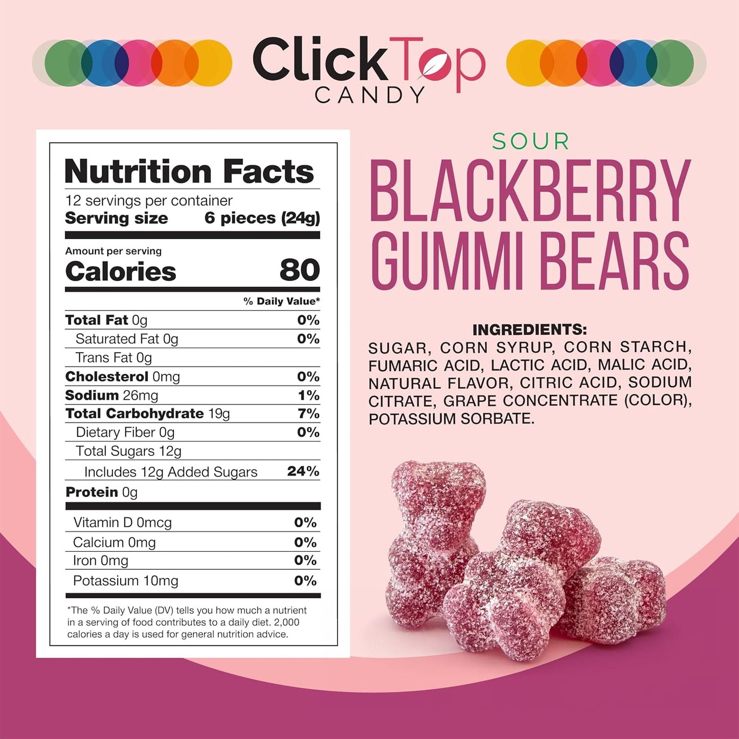 Sour Gummi Bears, Blackberry Flavored, Dye Free Candy, 10 Oz Jar