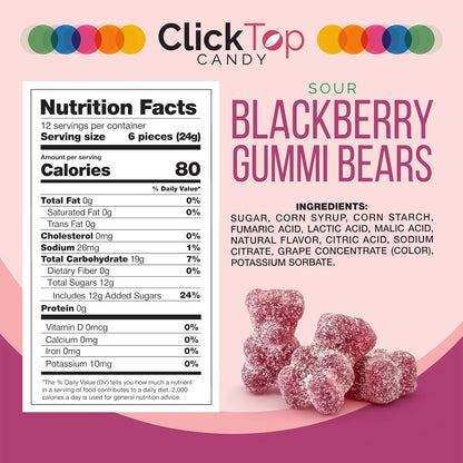 Sour Gummi Bears, Blackberry Flavored, Dye Free Candy, 10 Oz Jar
