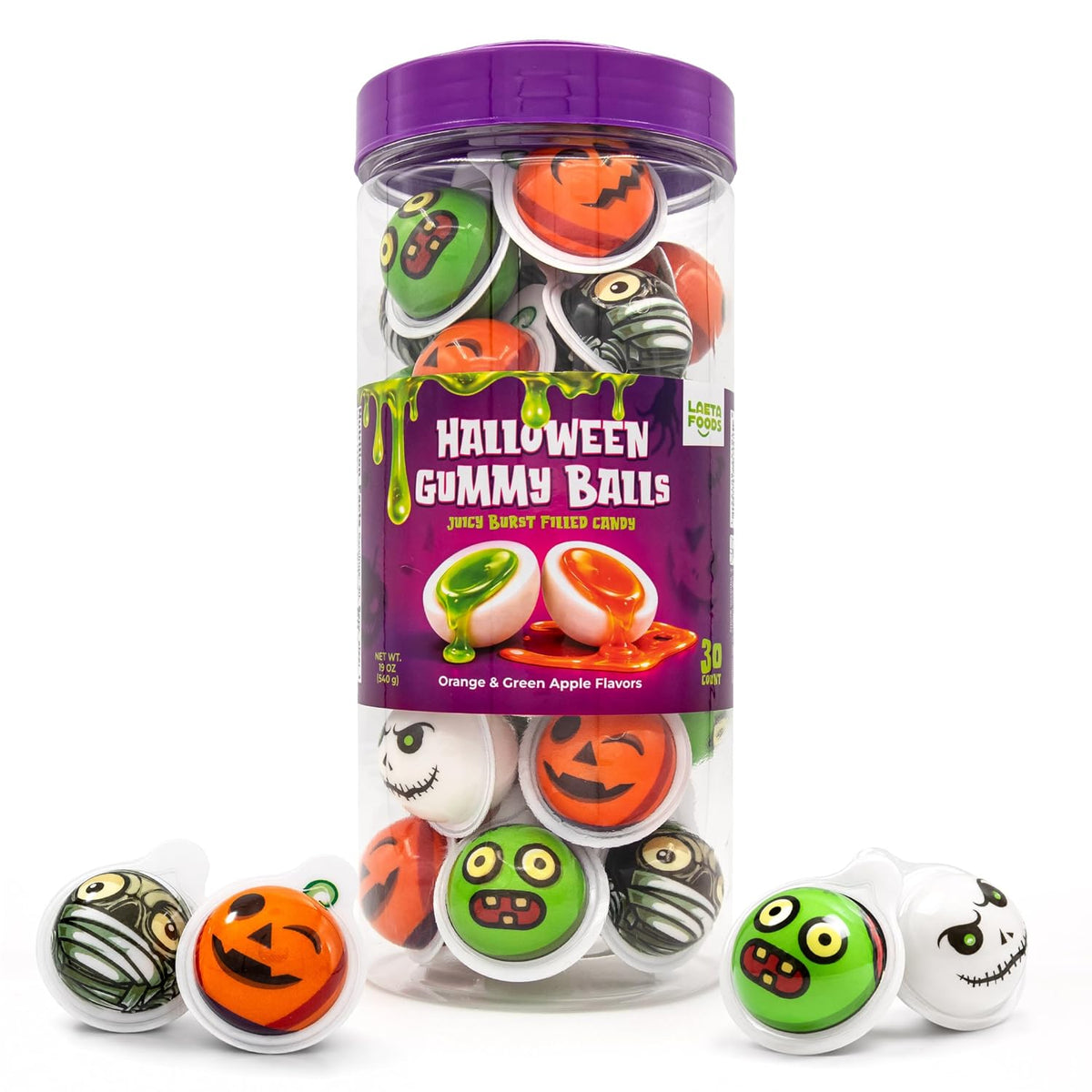 Halloween Candy, Gummy Balls, Trick or Treat Candy, 30 Count Jar | Orange & Green Apple Jelly Filled Gummy Candy, Spooky Treats