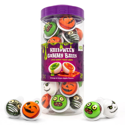 Halloween Candy, Gummy Balls, Trick or Treat Candy, 30 Count Jar | Orange & Green Apple Jelly Filled Gummy Candy, Spooky Treats