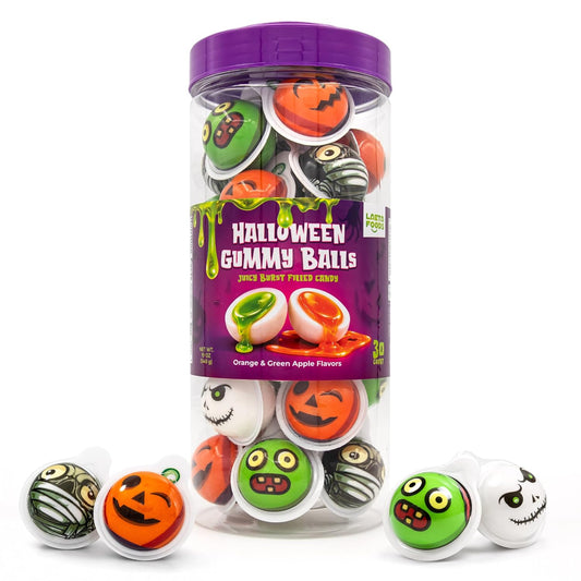 Halloween Candy, Gummy Balls, Trick or Treat Candy, 30 Count Jar | Orange & Green Apple Jelly Filled Gummy Candy, Spooky Treats