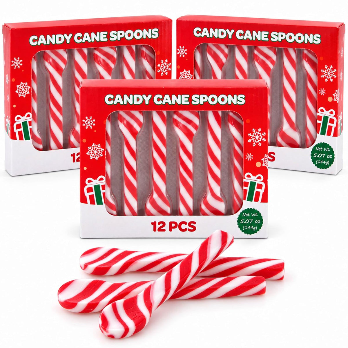 Christmas Candy Cane Spoons, Peppermint Flavor, 12 Count - Pack of 3