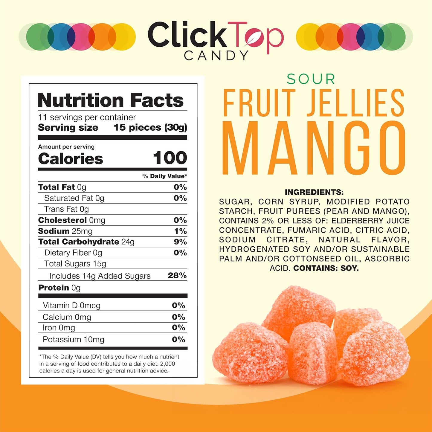 Sour Fruit Jelly Candy, Mango Flavored, Dye Free Candy, 12 Oz Jar | Naturally Flavored Vegan Candy, Made with Real Fruit Purees