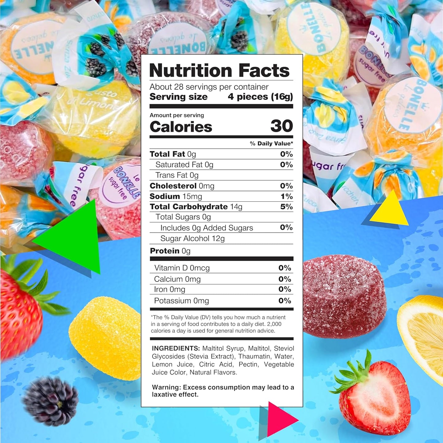 Bonelle Italian Sugar Free Fruit Jelly Candy | 1 Pound Bag | Individually Wrapped Vegan Dye Free Candy | Naturally Flavored Sugar Free Jellies | Assorted Flavors