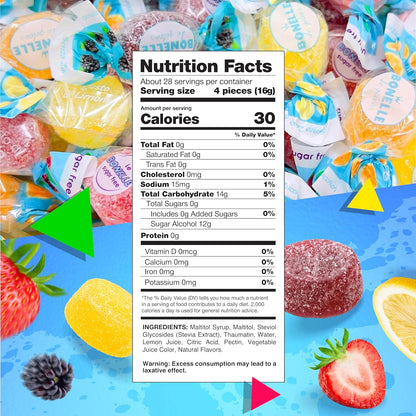 Bonelle Italian Sugar Free Fruit Jelly Candy | 1 Pound Bag | Individually Wrapped Vegan Dye Free Candy | Naturally Flavored Sugar Free Jellies | Assorted Flavors