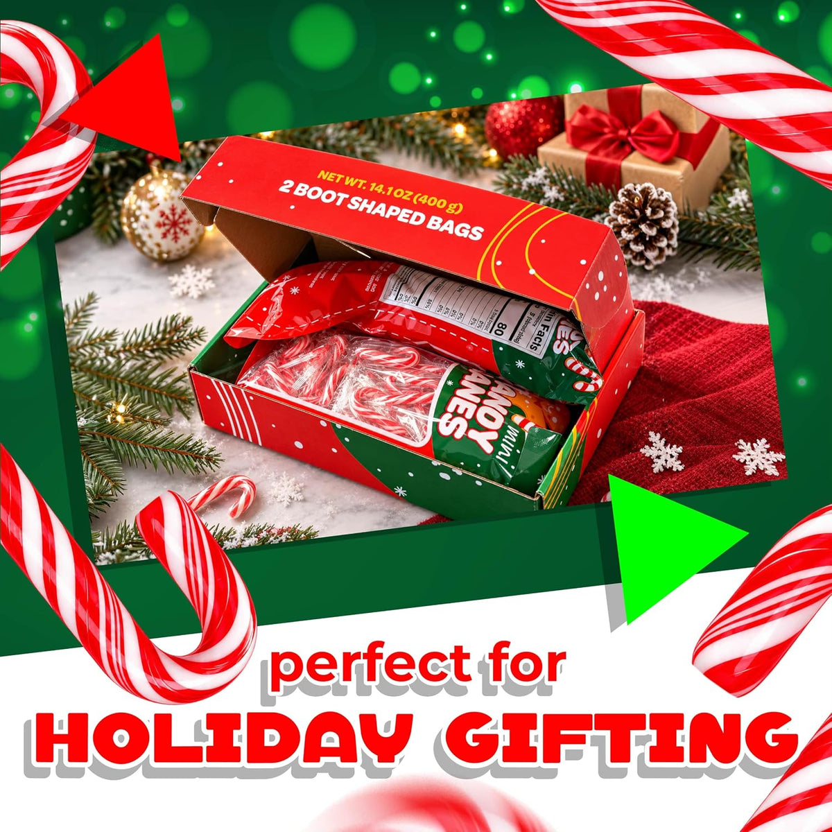 Mini Candy Canes, Christmas Candy, 100 Count, 2 Boot-Shaped Bags