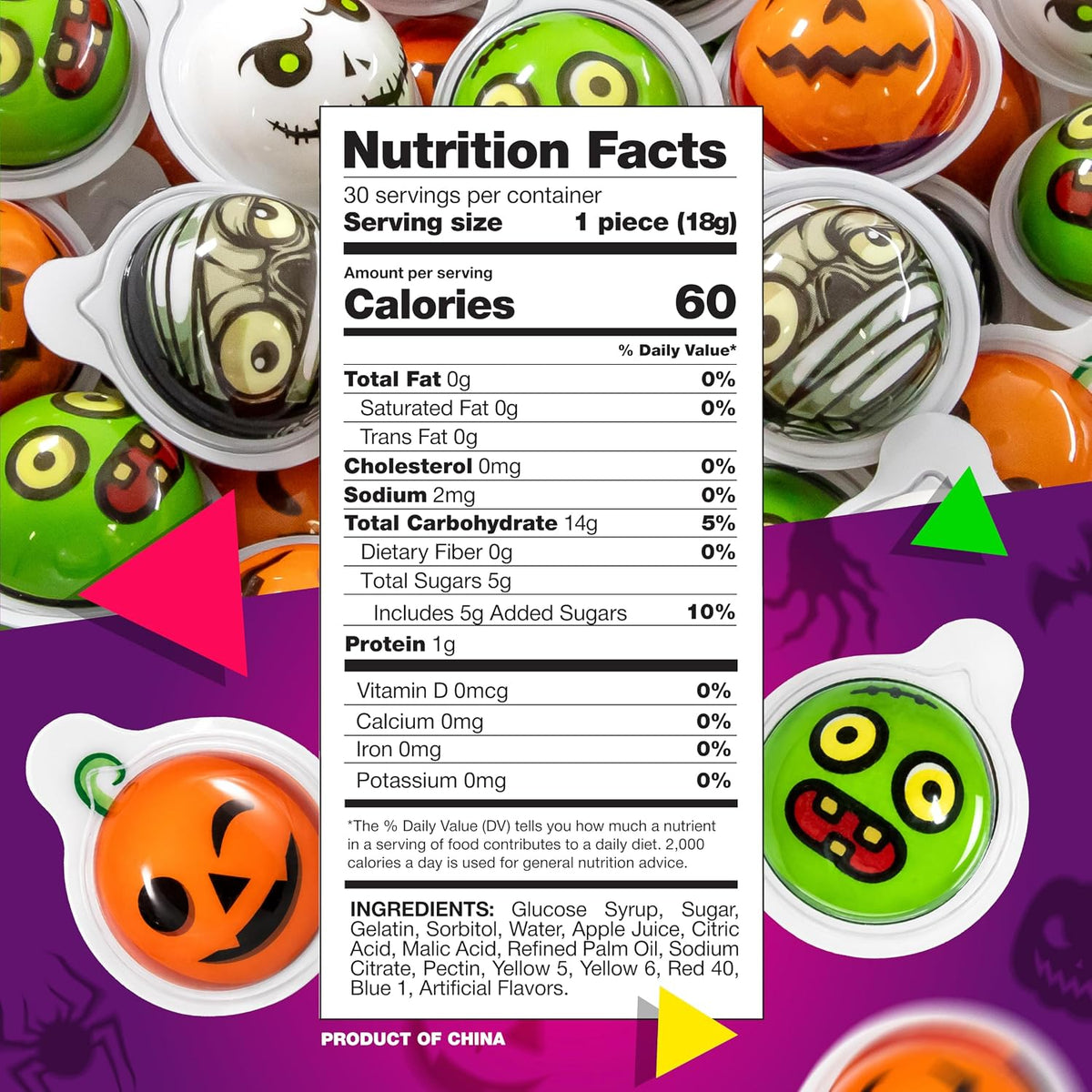 Halloween Candy, Gummy Balls, Trick or Treat Candy, 30 Count Jar | Orange & Green Apple Jelly Filled Gummy Candy, Spooky Treats