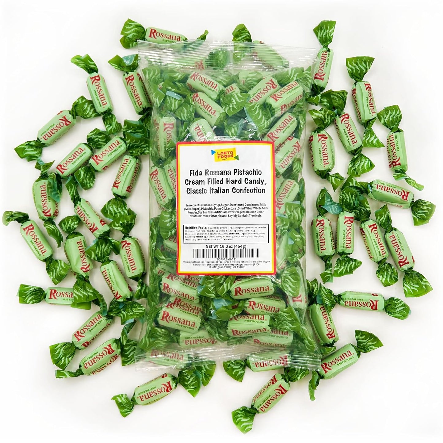 Fida Rossana Pistachio Hard Candy | 1 Pound Bag - 75 Count | Individually Wrapped Rossana Italian Candy | Rich Pistachio Cream Center | Filled Gourmet Treat