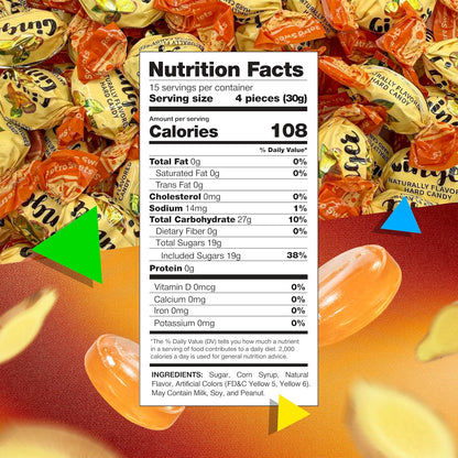 Ginger Candy | 1 Pound Bag | Old Fashioned Hard Candy Individually Wrapped | Naturally Flavored Ginger Candies for Office Bowls, Gifting & Favors | Intense Flavor