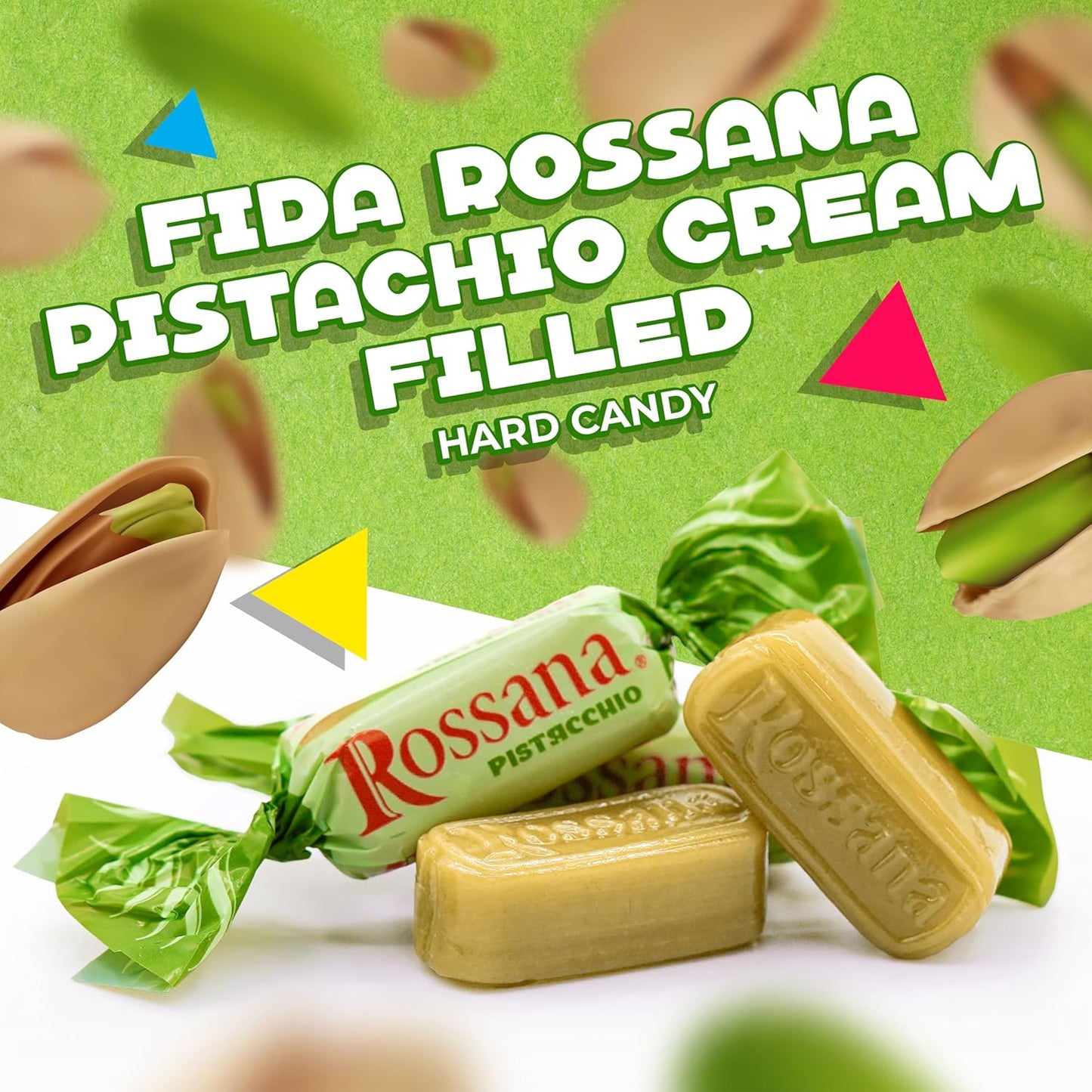 Fida Rossana Pistachio Hard Candy | 1 Pound Bag - 75 Count | Individually Wrapped Rossana Italian Candy | Rich Pistachio Cream Center | Filled Gourmet Treat