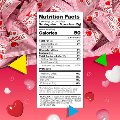 Strawberry Hearts | 24 Mini Packs | Hard Candy Individually Wrapped for Classroom and Party Favors | White, Red and Pink Hearts for Sharing and Gifting