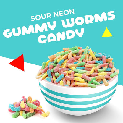 Sour Gummy Worms | 1 Pound Bag of Neon Gummy Worms Candy | Classic Sanded Gummies for Parties, Snacking & Candy Buffets | Assorted Fruit Flavors