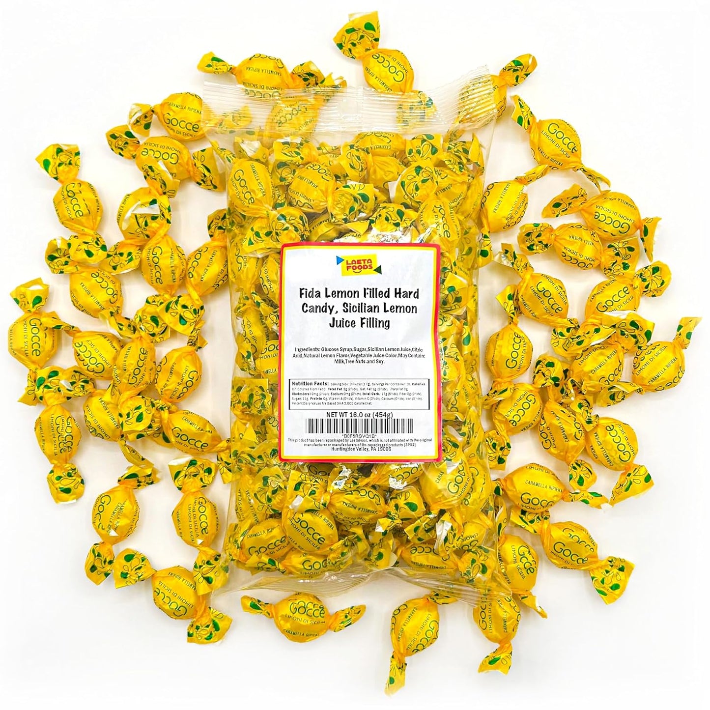 Italian Lemon Candy from Italy | 1 Pound Bag | Approx. 75 Count | Gocce Limoni Di Sicilia | Individually Wrapped Filled Lemon Drops Hard Candy | Citrus Candies