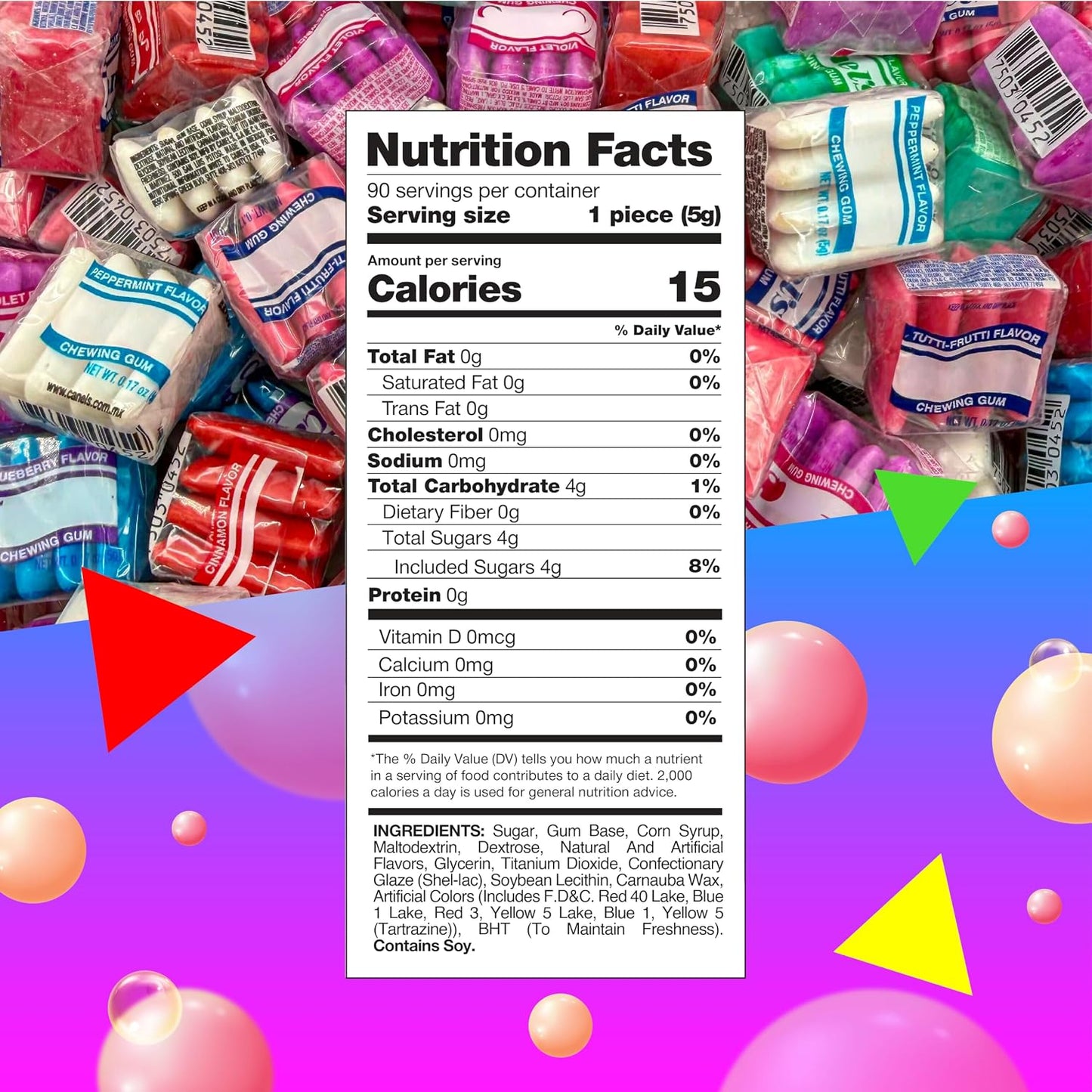 Mexican Chewing Gum, Assorted Flavors, 90 Mini Packs, 1 Lb Bag | Violet, Fruit, Mint, Cinnamon, Individually Wrapped Gum Bulk