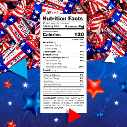 Patriotic Candy | 1 Pound Bag | Chocolate Flavored Caramels | Red White and Blue Candy for 4th of July Celebrations | Individually Wrapped Soft Taffies